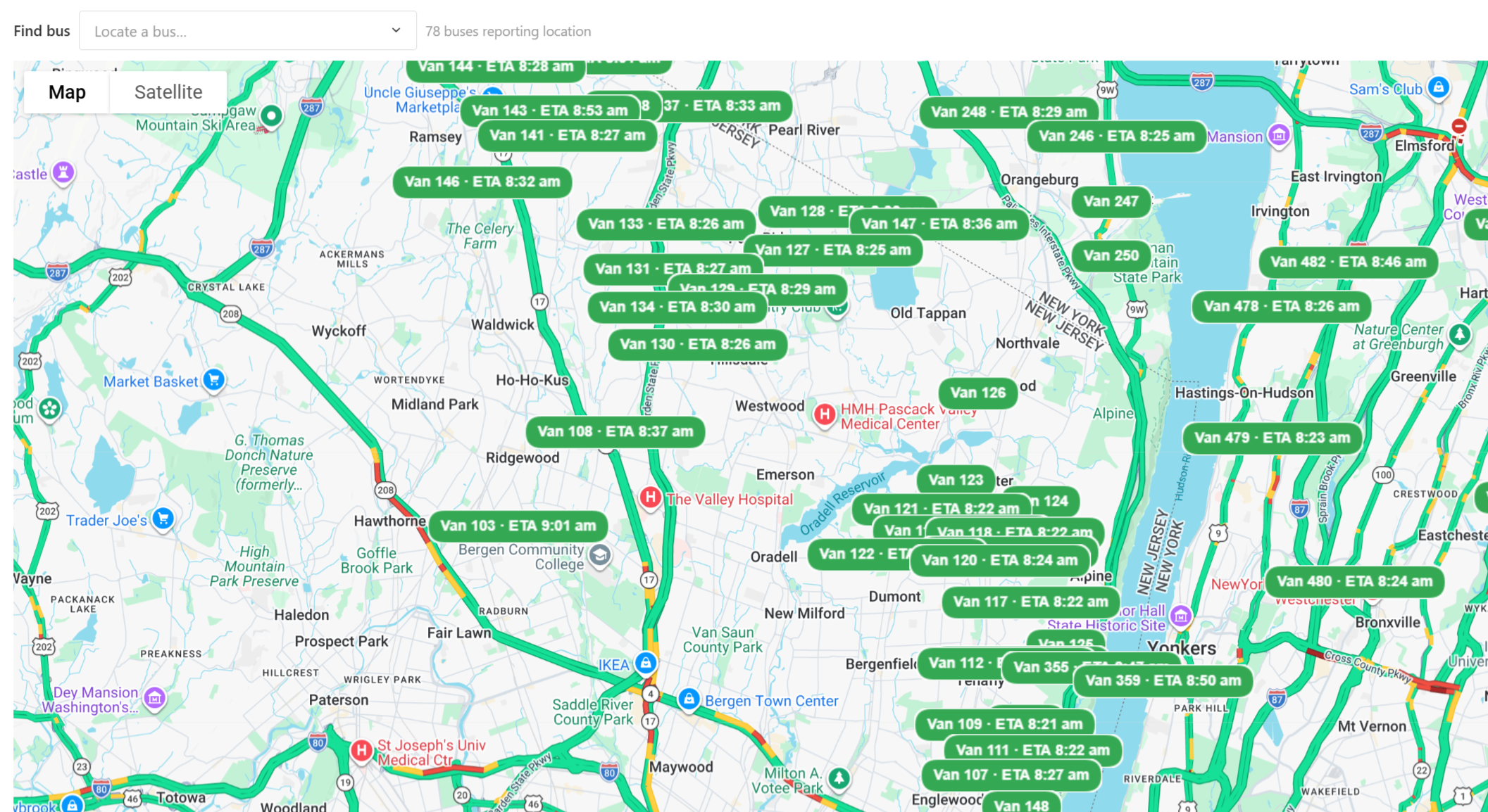 Campium admin bus tracking map showing fleet locations and ETAs