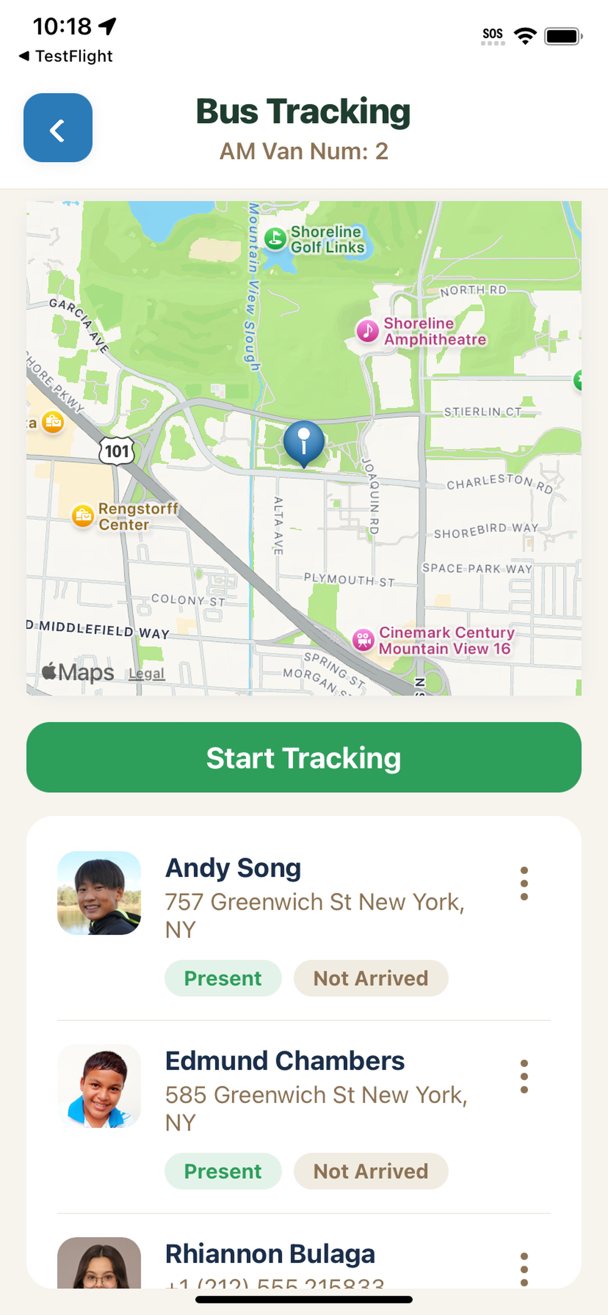 Campium mobile app bus tracking with map and rider roster