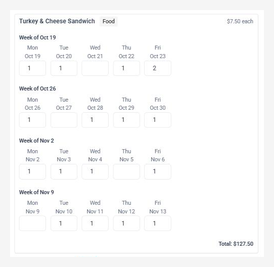 Campium weekly lunch ordering grid with a quantity box for each served day
