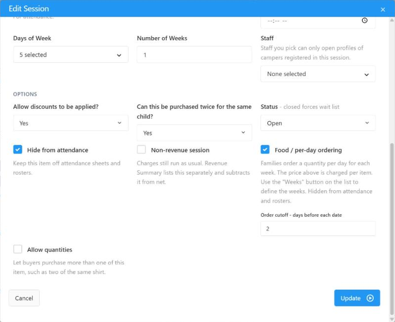 Campium product settings with Food / per-day ordering turned on and an order cutoff in days