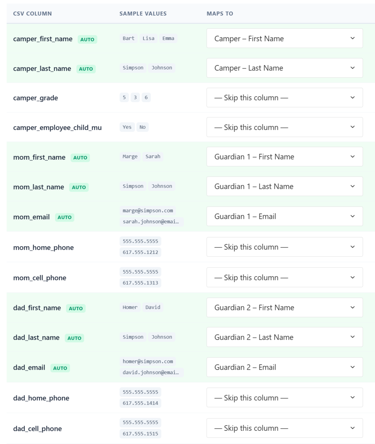 Campium CSV import for campers and guardians