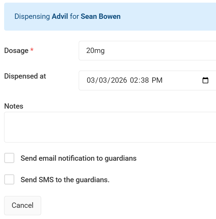 Campium camp medication tracking and dispense log
