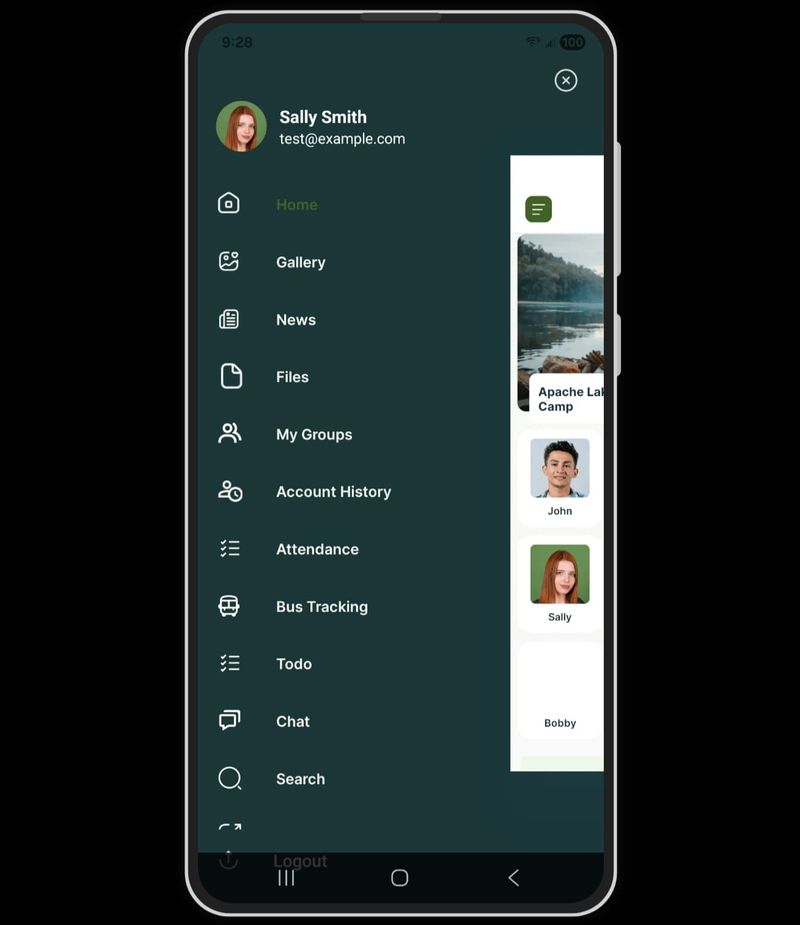 Campium mobile app home screen with gallery, news, and chat